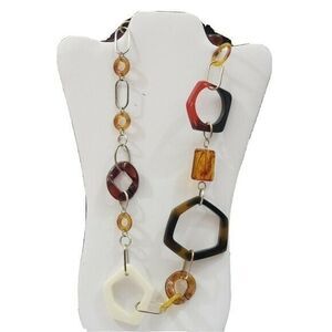 Brown Multicolor Chain Link Necklace Circular Shaped Statement Ribbon 13"L tied